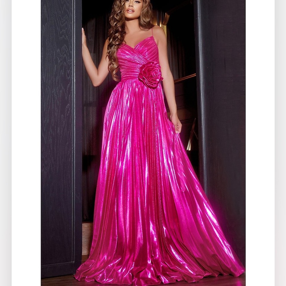 NWT Jovani Hot Pink Metallic V-Neck Spaghetti Strap Pleated A-Line Gown size 4